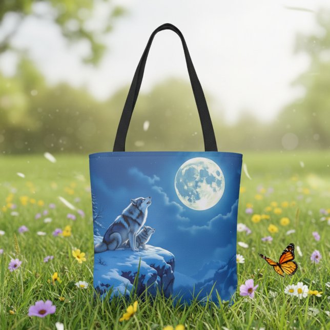 Tote Bag Loup et bébé ourlet à la Pleine lune (Créateur téléchargé)