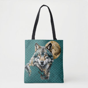 Tote Bag Loup gris et lune d'or Turquoise