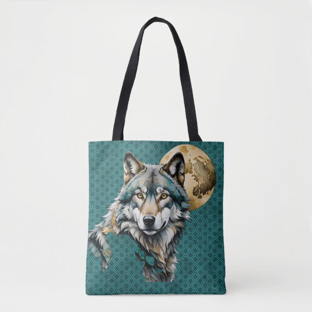 Tote Bag Loup gris et lune d'or Turquoise (Devant)