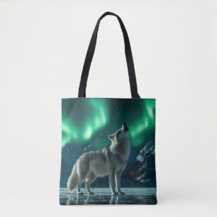 Tote Bag Loup hurlant sous les aurores boréales