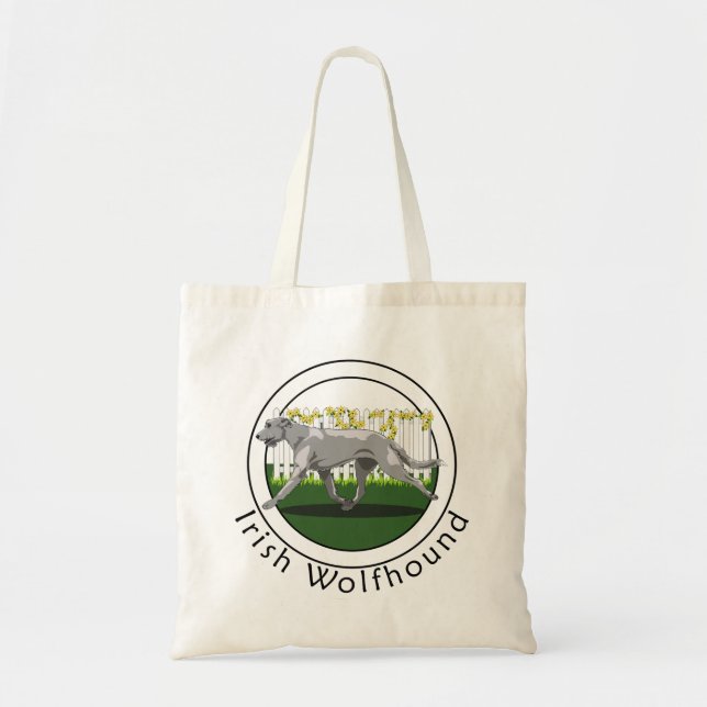 Tote Bag Loup irlandais gris avec clôture de fleurs jaunes (Devant)