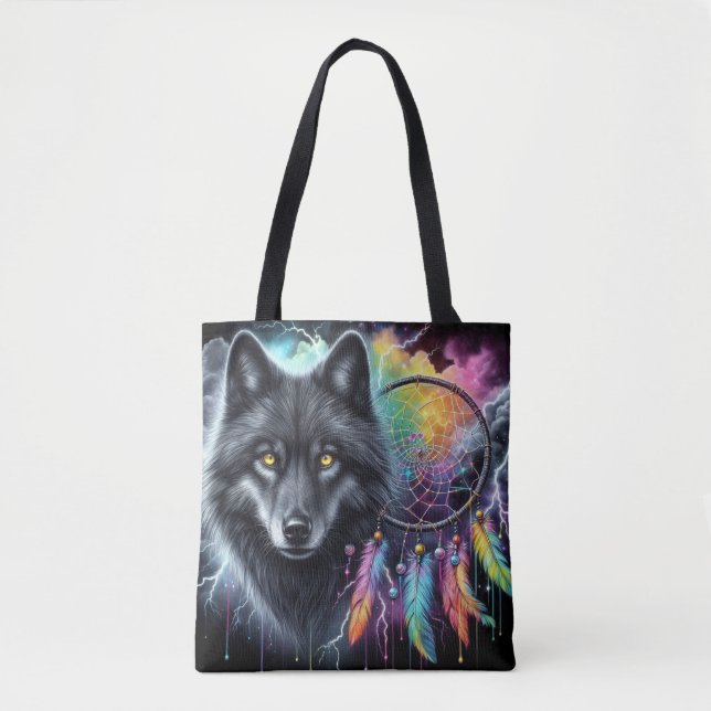 Tote Bag Loup noir avec un catcheur de rêves (Devant)