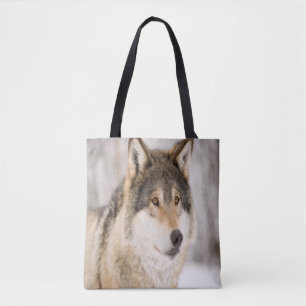 Tote Bag Loup souriant dans la neige et la forêt d'hiver