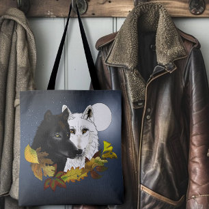 Tote Bag Loups Blancs Noirs Clair de Lune Feuilles d'Automn