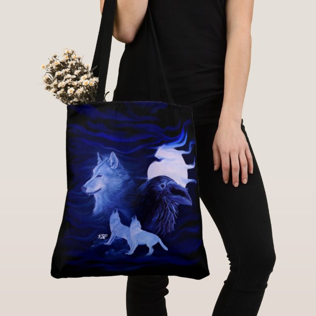 Tote Bag Loups et corbeau avec pleine lune (De près)
