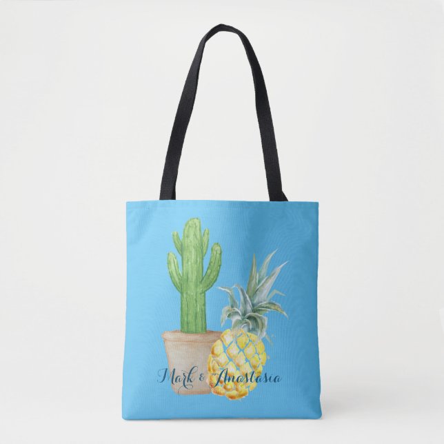 Tote Bag Love Blue Pineapple and Cactus (Devant)