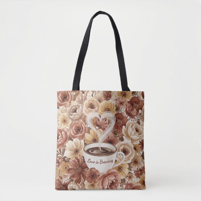 Tote Bag Love is Brewing Floral Coffee Heart Bridal Shower (Devant)