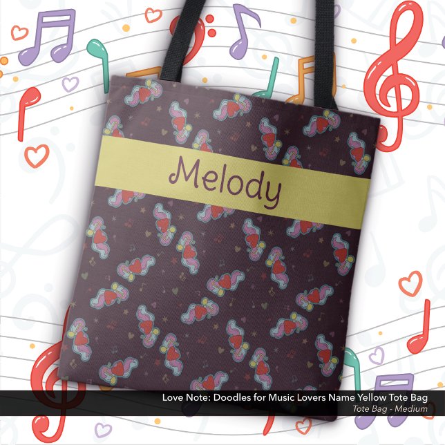 Tote Bag Love Note : Doodles for Music Lovers Nom Jaune (Love Note: Doodles for Music Lovers Tote Bag: Personalized with Your Name - Yellow)