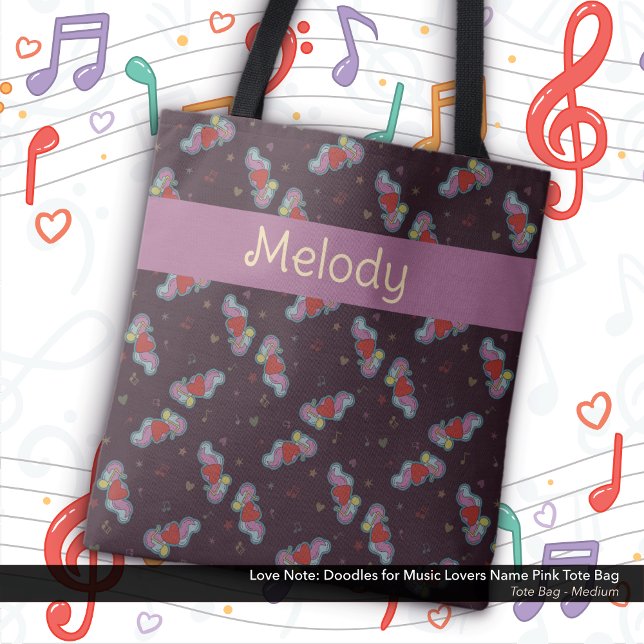 Tote Bag Love Note : Doodles for Music Lovers Nom rose (Love Note: Doodles for Music Lovers Tote Bag: Personalized with Your Name - Pink)