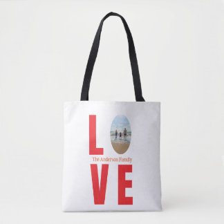 Tote Bag Love rouge famille photo ovale forme moderne simpl