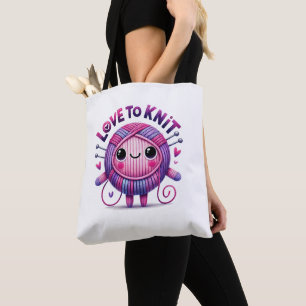 Tote Bag Love to Knit Citation mignonne Pink Purple Ball of
