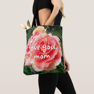 Tote Bag Love You Mom Script Rose Fleur Photo Moderne