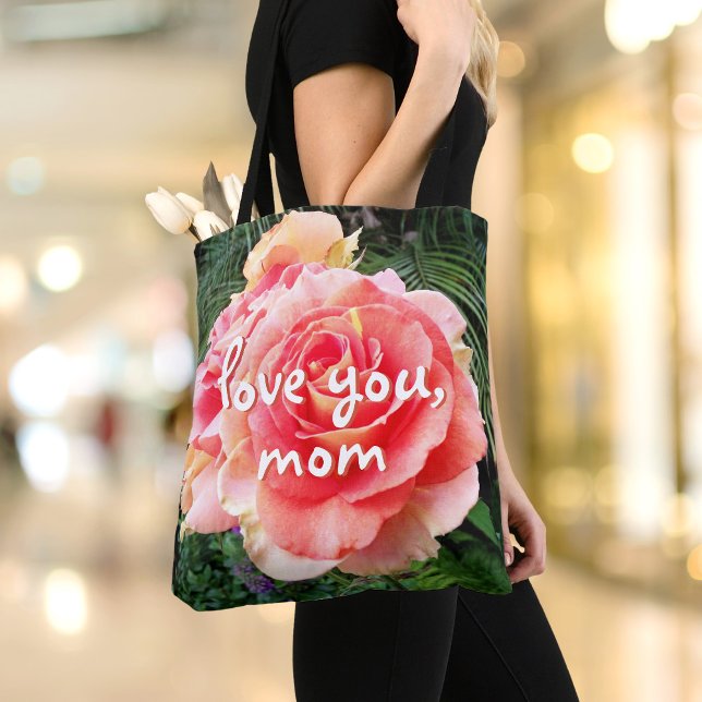 Tote Bag Love You Mom Script Rose Fleur Photo Moderne (Créateur téléchargé)