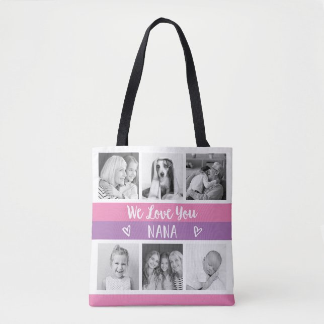 Tote Bag Love You Nana| Grille photo en bloc couleur rose (Devant)