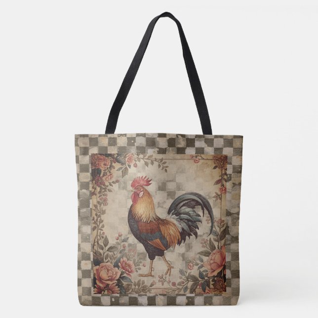 Tote Bag Lovely Vintage Rooster and Flowers Pattern (Devant)
