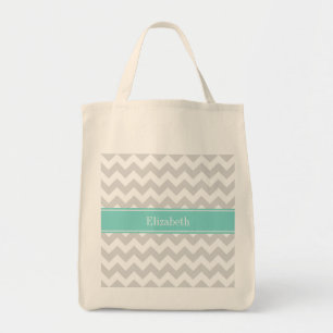 Tote Bag Lt Grey What Chevron Aqua Turquoise Nom Monogramme