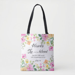 Tote Bag Luc 1:45 Béni est Elle, Écriture Féminine Floral
