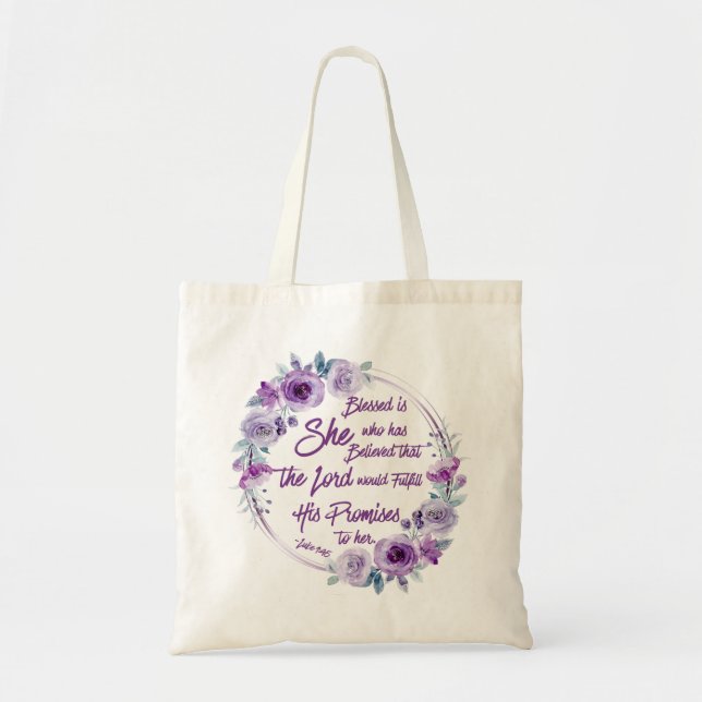 Tote Bag Luc 1:45 Béni est Elle Florale violette (Devant)