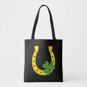 Tote Bag Lucky Golden Horseshoe avec Shamrock sur noir