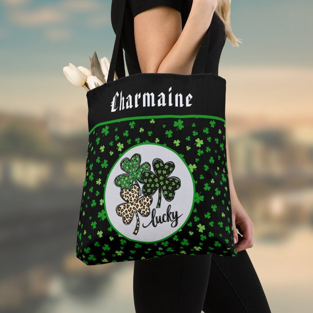 Tote Bag Lucky St Patrick Shamrock Green Black Cat Print   (Créateur téléchargé)
