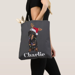 Tote Bag Lumières de Noël pour chien teckel personnalisées
