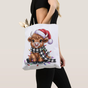 Tote Bag Lumières de Noël Vache Highland Santa Hat