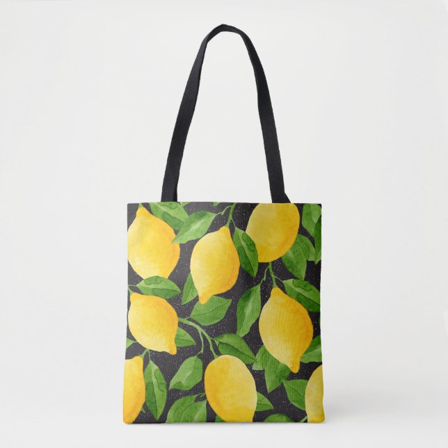 Tote Bag Lumineuse jaune aquarelle citrons et feuilles vert (Devant)