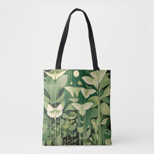 Tote Bag Luna Moth et fleurs - Vert et Crème (Devant)