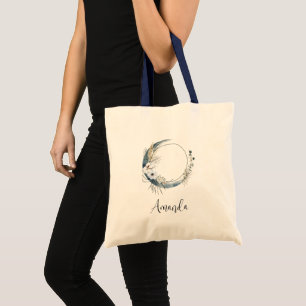 Tote Bag Lune de croissant bleu avec fleurs blanches