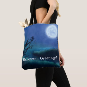 Tote Bag Lune d'Halloween à la nuit dans les tons bleu et v