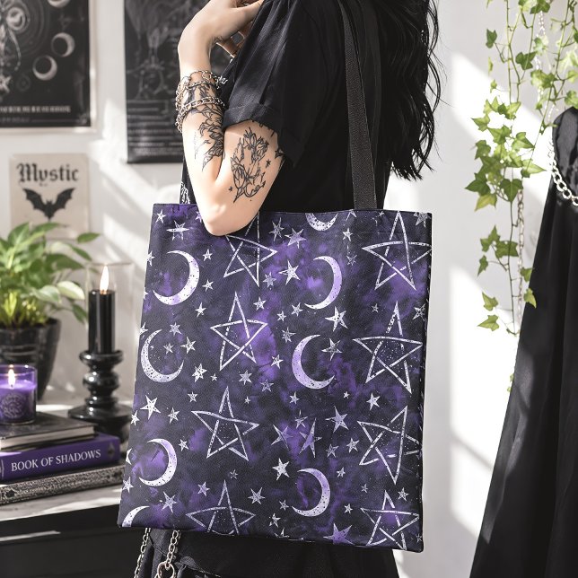 Tote Bag Lune ensorcelante & Pentagramme Violet Gothique (Créateur téléchargé)