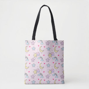 Tote Bag Lune, étoiles et nuages Motif sur Pastel Pink