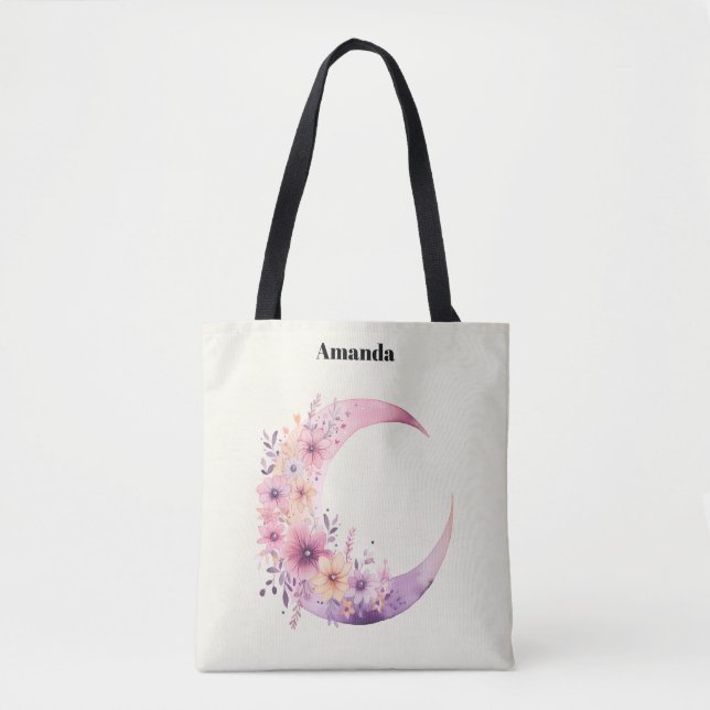 Tote Bag Lune rose Croissant avec de jolies fleurs (Devant)