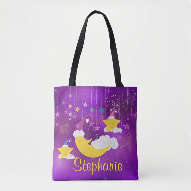 Tote Bag Lune somnolente et ciel étoilé pourpre d'étoiles (Devant)