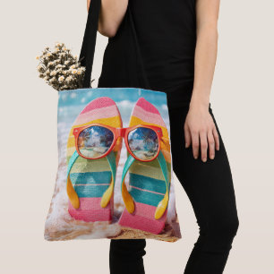 Tote Bag Lunettes de soleil sur tongs dans le sable de la p
