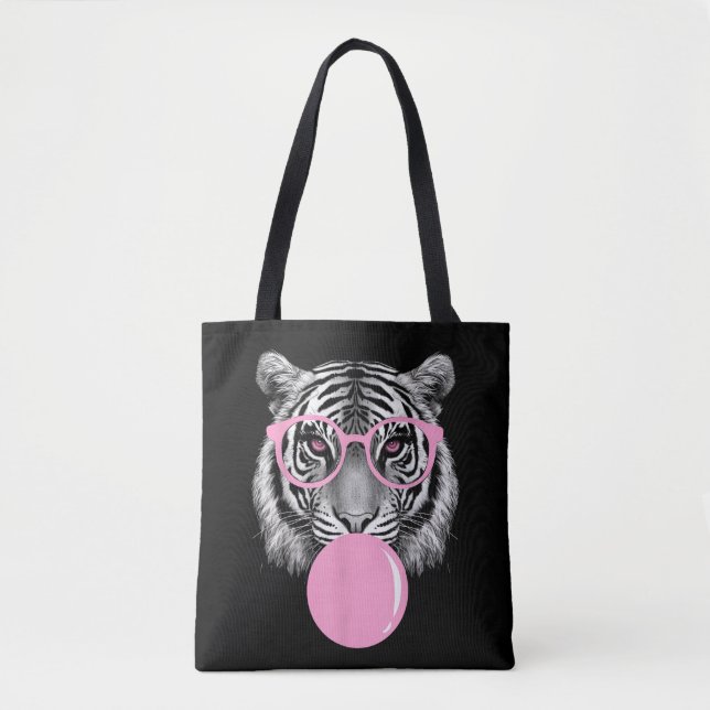 Tote Bag Lunettes de Tigre Femme Drôles & Bubble Gum Rose A (Devant)
