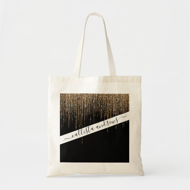 Tote Bag Luxe Chic Black Gold Fringe Parties scintillant ét (Devant)