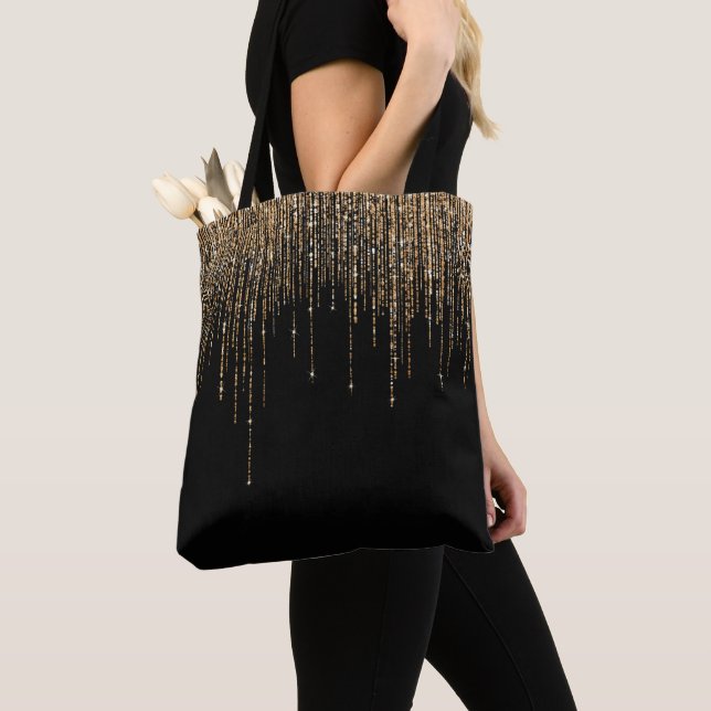 Tote Bag Luxe Chic Black Gold Fringe Parties scintillant ét (De près)