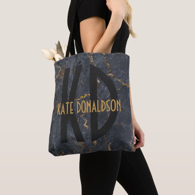 Tote Bag Luxe noir et or marbre surdimensionné monogramme (De près)