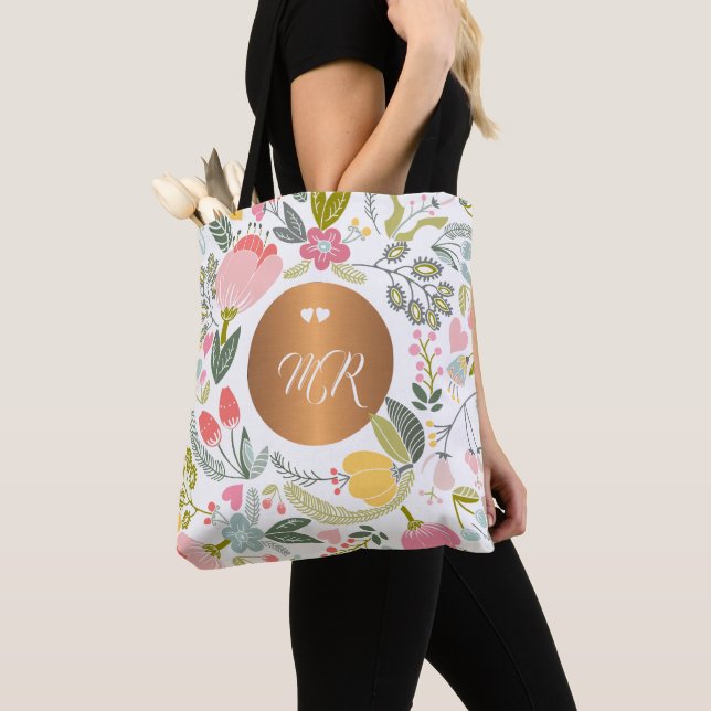 Tote Bag Luxe pastel rose floral cuivre monogramme blanc (De près)