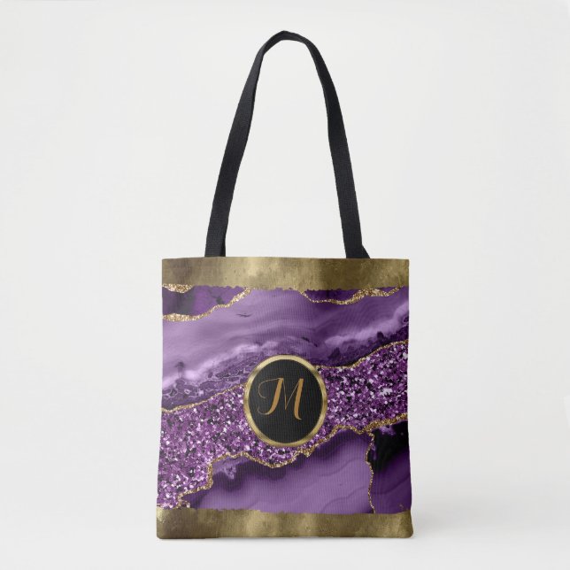 Tote Bag Luxe tendance Noir, Or, Violet Faux Agate (Devant)