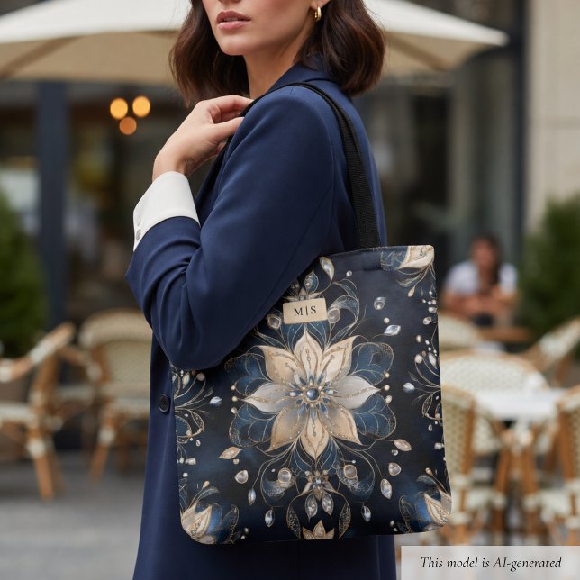 Tote Bag Luxueux fleurs Navy Or (luxury navy gold floral tote bag with monogram, elegant personalized gift for her)