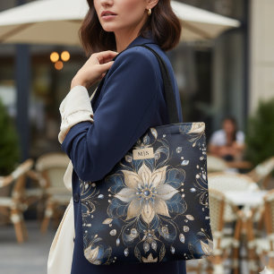 Tote Bag Luxueux fleurs Navy Or