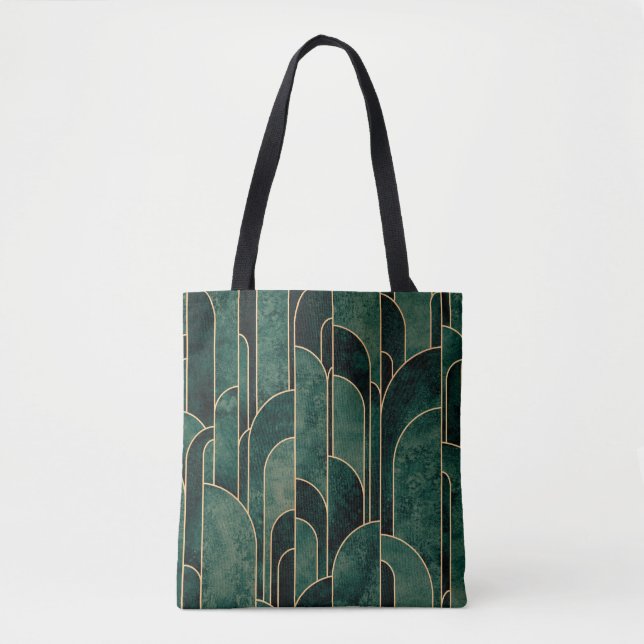 Tote Bag Luxueux Motif Art déco Vert et Or (Devant)