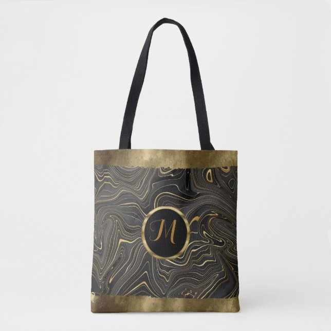 Tote Bag Luxueux tendance noir et or Fausse Agate  (Devant)