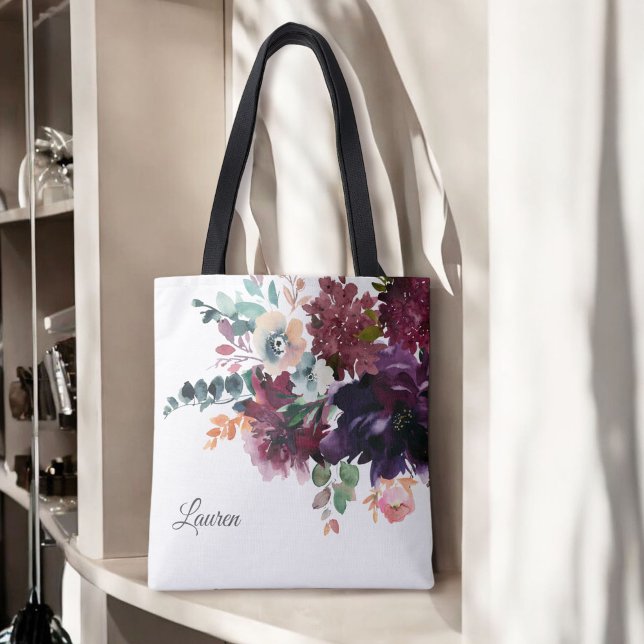 Tote Bag Luxuriante aquarelle Bourgogne florale avec nom (Créateur téléchargé)