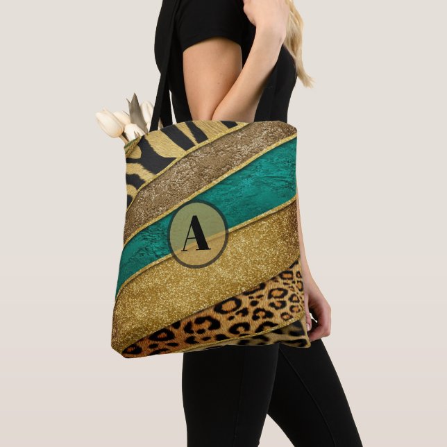 Tote Bag Luxury Emerald & Gold Safari Leopard Zebra Glitter (De près)