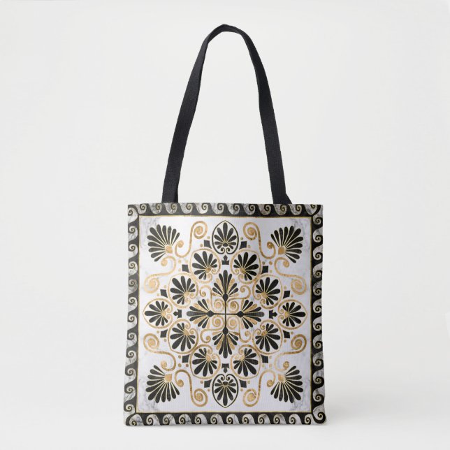 Tote Bag Luxury Greek Ornament Black and White Marble (Devant)