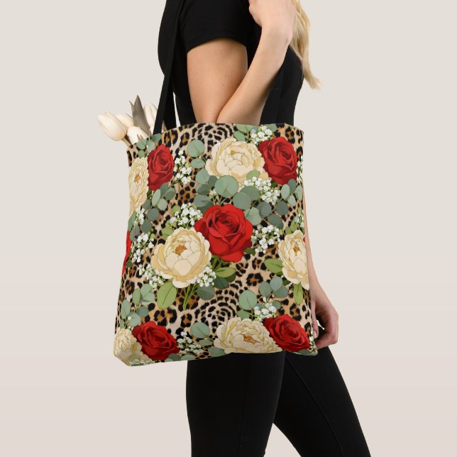 Tote Bag Luxury Leopard & Red Rose Pattern  (De près)