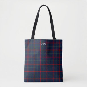 Tote Bag Lynch Clan Tartan Navy Monogramme bleu plaid